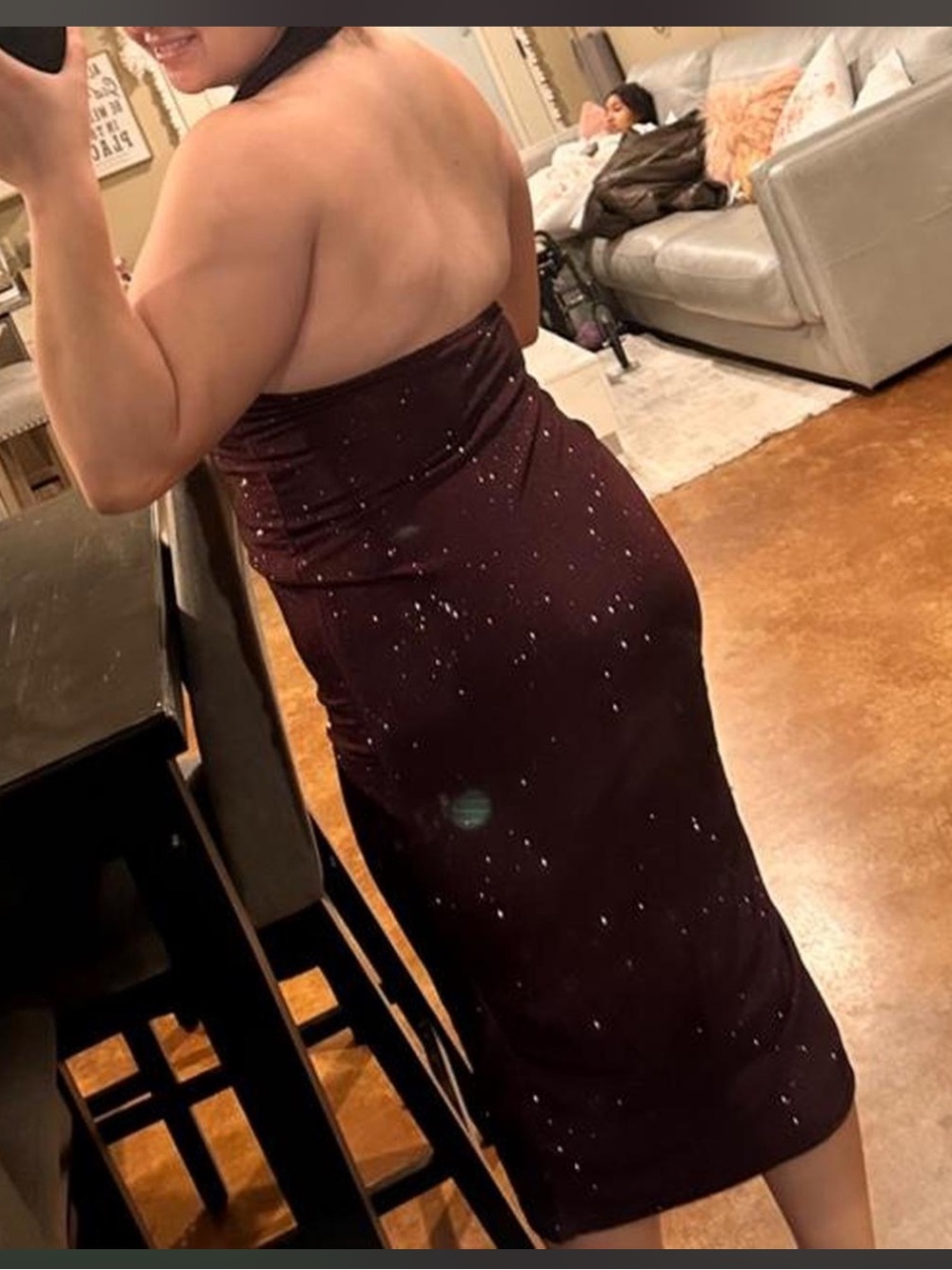 Cowl Neck Burgundy Rhinestone Midi Dress - Picture 8 of 8